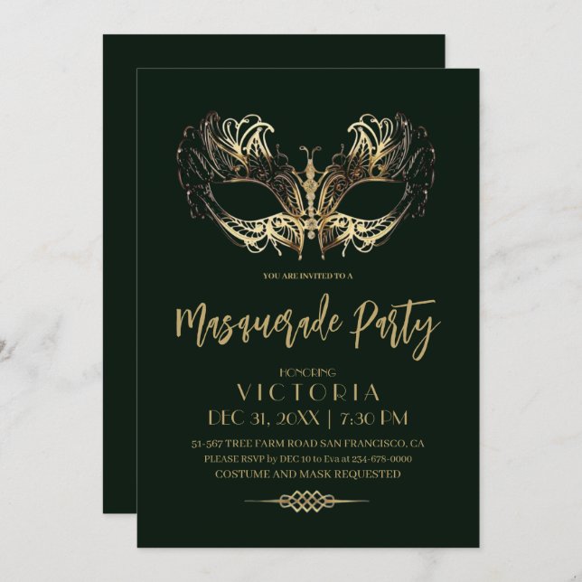Emerald Green Gold Masquerade Party Birthday Invitation (Front/Back)