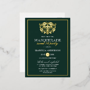 Emerald Green & Gold Masquerade Sweet 16 Party Foil Invitation Postcard