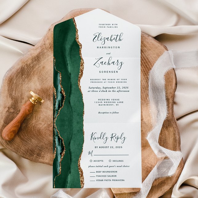 Emerald Green Gold Meal Options Wedding All In One Invitation (Creator Uploaded)