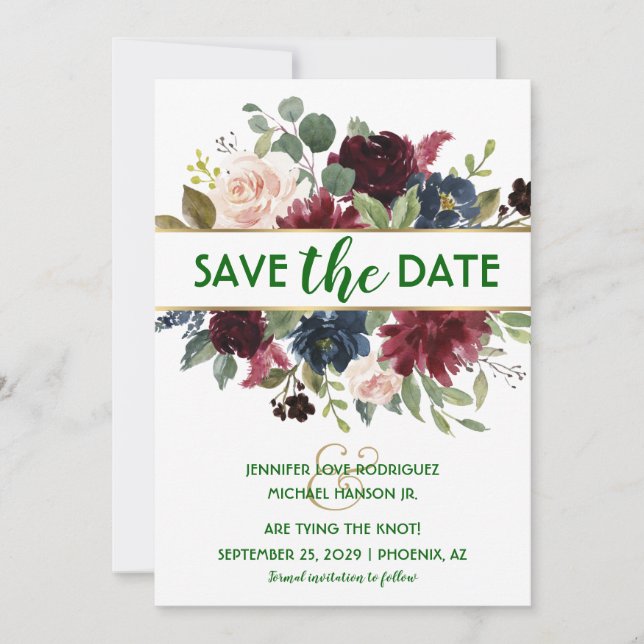 Emerald Green Gold Merlot Navy Boho Save the Date  Invitation (Front)