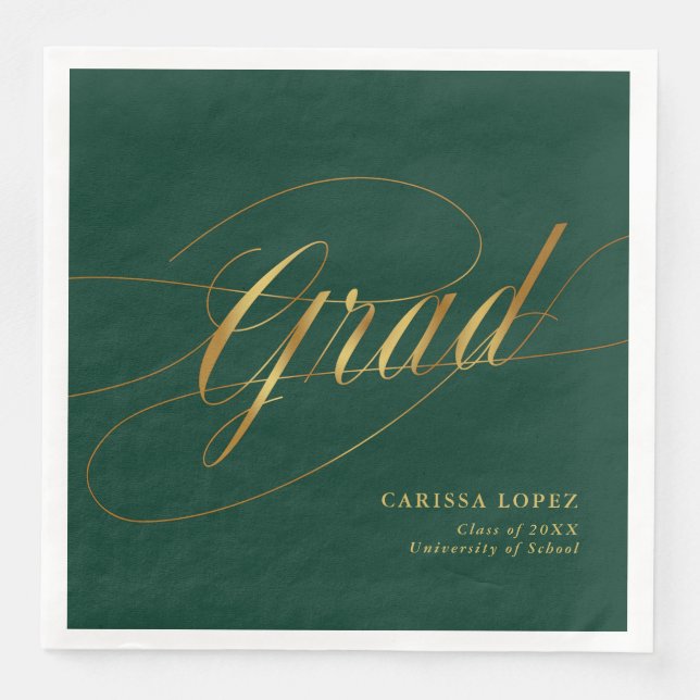 Emerald Green & Gold Minimalist Grad Calligraphy Napkin (Front)