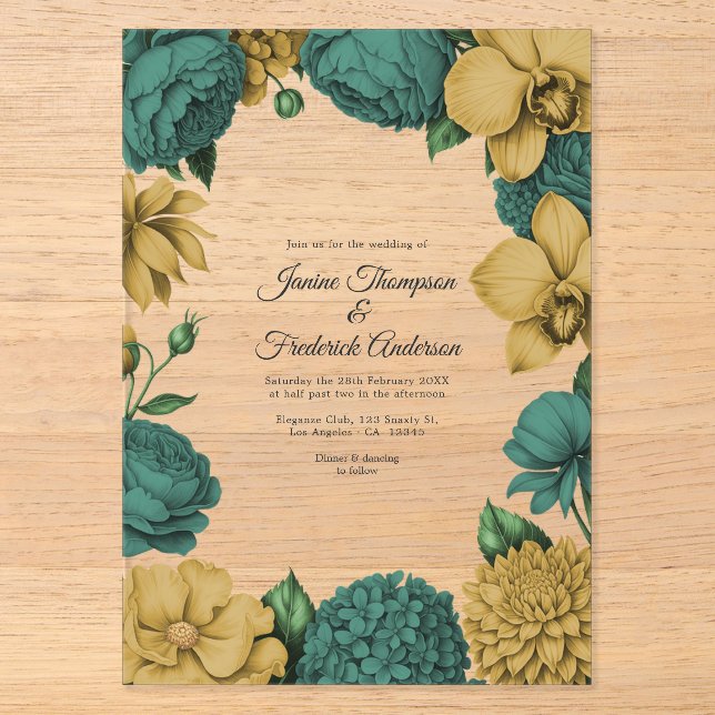 Emerald Green & Gold Modern Botanical Wedding Acrylic Invitations (Front)