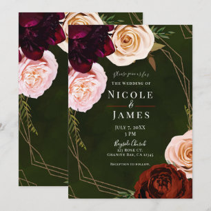Emerald Green & Gold Modern Dark Floral Wedding Invitation