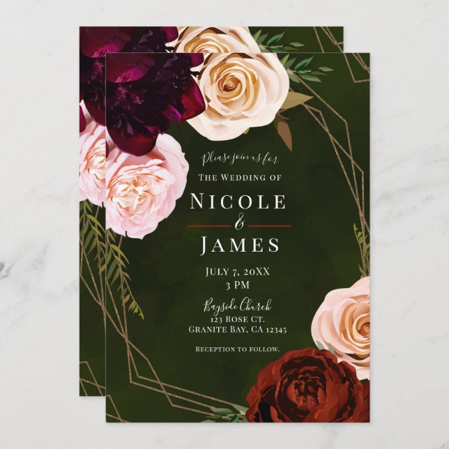 Emerald Green & Gold Modern Dark Floral Wedding Invitation (Front/Back)