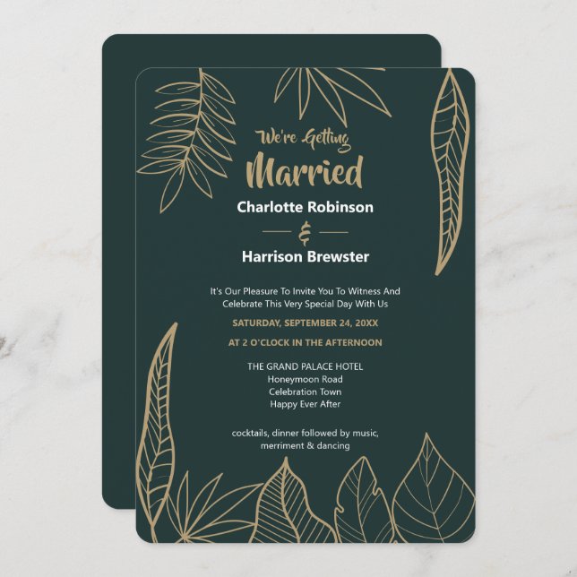 Emerald Green Gold Modern Drawn Leaves Wedding Invitation (Front/Back)