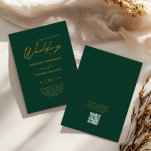 Emerald Green Gold Modern Typography RSVP Wedding Invitation