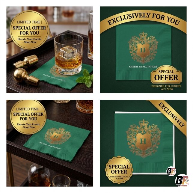 Emerald Green & Gold Monogram Crest Paper Napkin (#ForYou)