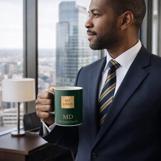 Emerald green gold monogram name business logo coffee mug (Creator Uploaded)