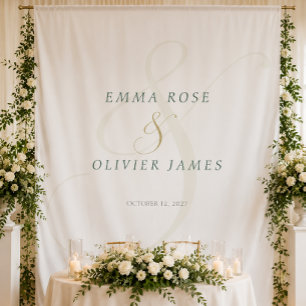 Emerald Green Gold Monogram Wedding Backdrop Tapestry
