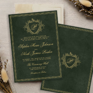 Emerald green gold monogram wedding invitation