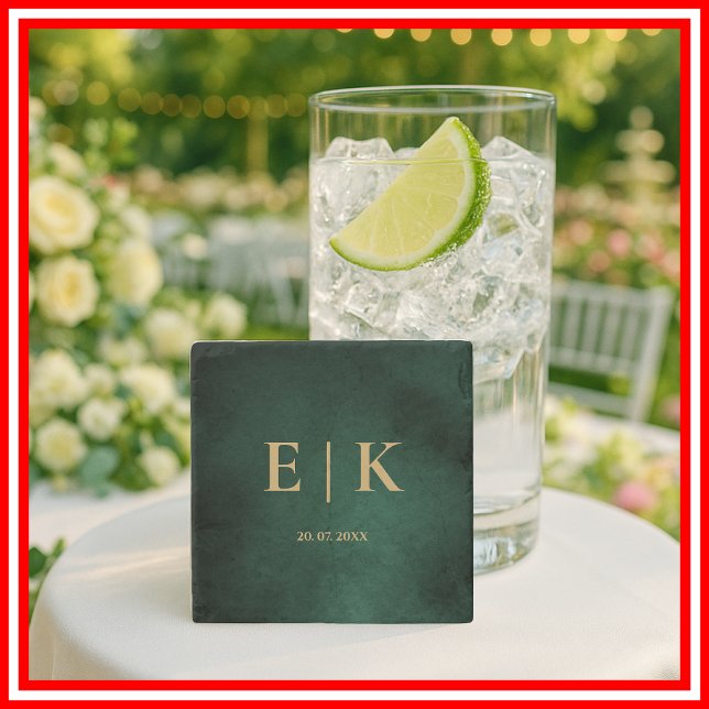 Emerald Green & Gold Monogram Wedding Stone Coaster (Creator Uploaded)