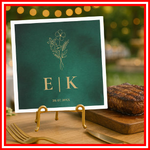 Emerald Green & Gold Monogram Wildflower Wedding Napkin