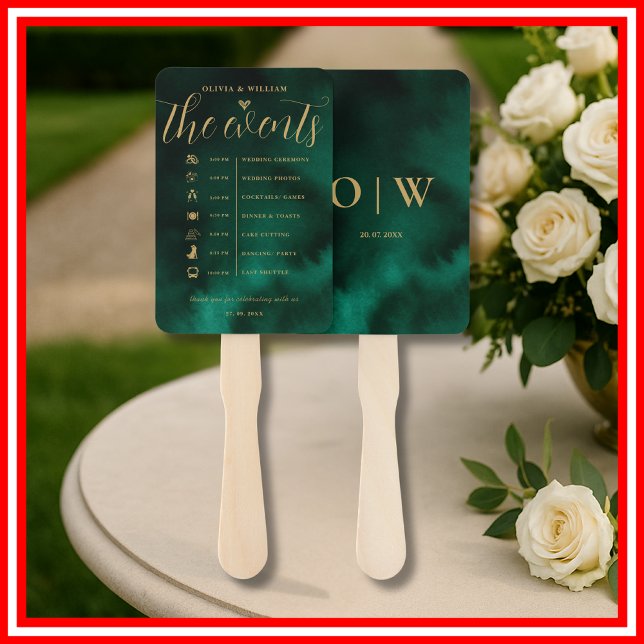 Emerald Green Gold Order of Events Wedding Program Hand Fan (Creator Uploaded)