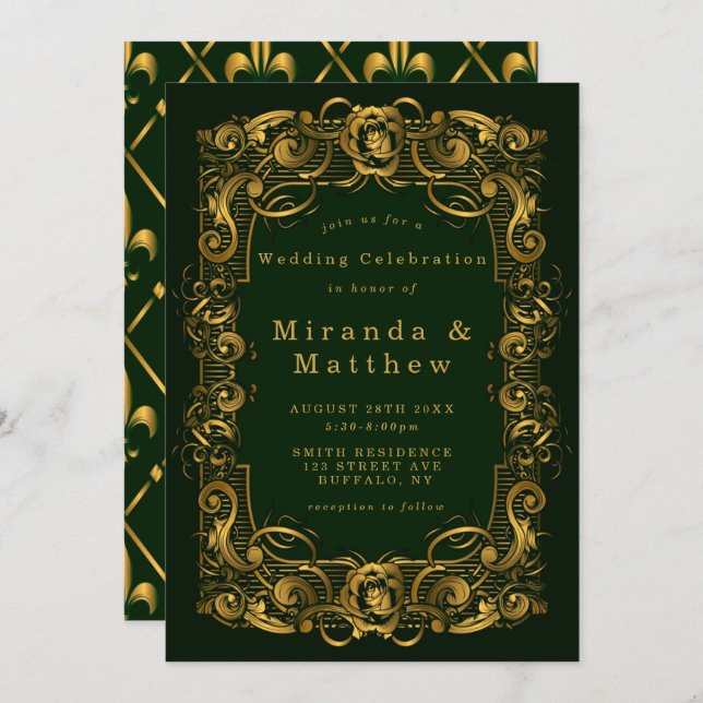 Emerald Green Gold Ornament Wedding Invitations  (Front/Back)