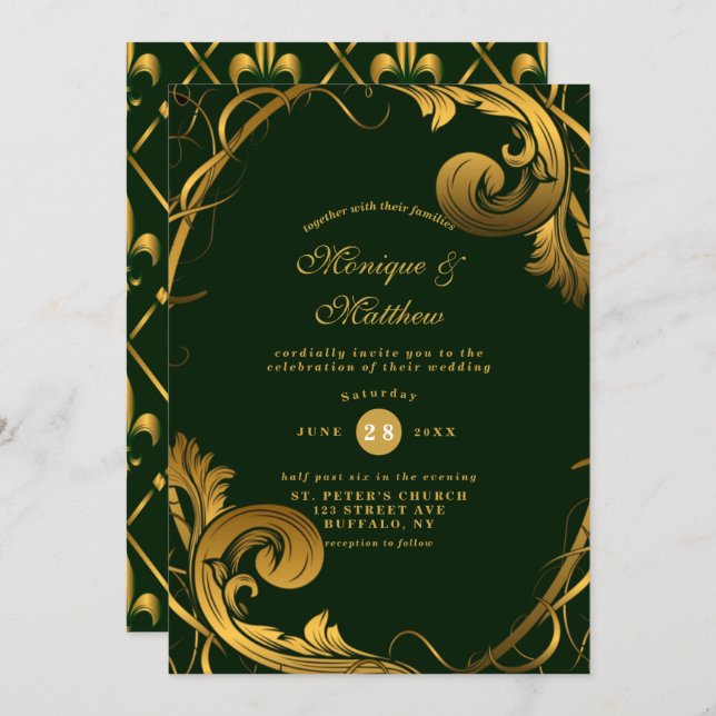 Emerald Green Gold Ornament Wedding Invitations  (Front/Back)