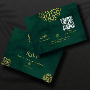 Emerald Green Gold Ornate QR code Wedding RSVP Enclosure Card