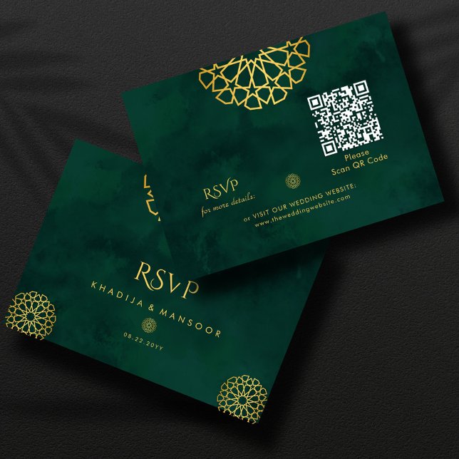 Emerald Green Gold Ornate QR code Wedding RSVP Enclosure Card (Creator Uploaded)
