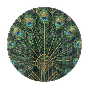 Emerald Green Gold Peacock Feathers Art Deco Cutting Board