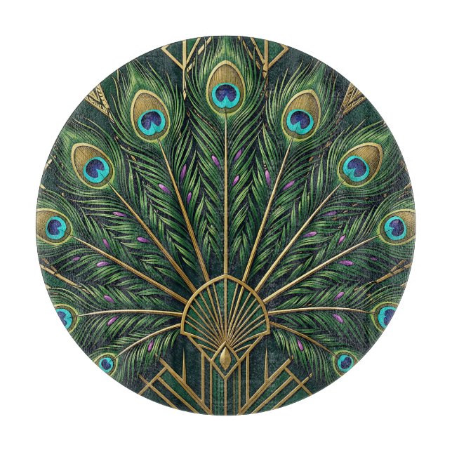 Emerald Green Gold Peacock Feathers Art Deco  Cutting Board (Front)
