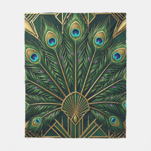 Emerald Green Gold Peacock Feathers Art Deco Fleece Blanket