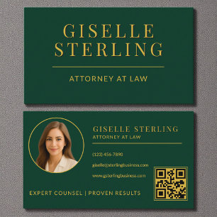 Emerald Green Gold Photo Attorney at Law QR Code Business Card