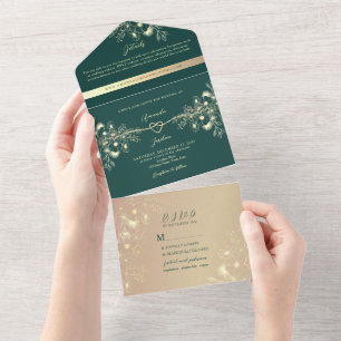 Emerald Green Gold Photo Wedding All In One Invitation