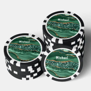 Emerald Green Gold Poker Chips with Custom Name