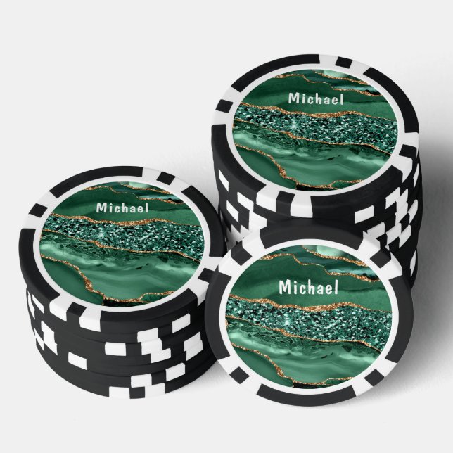 Emerald Green Gold Poker Chips with Custom Name (Stack)