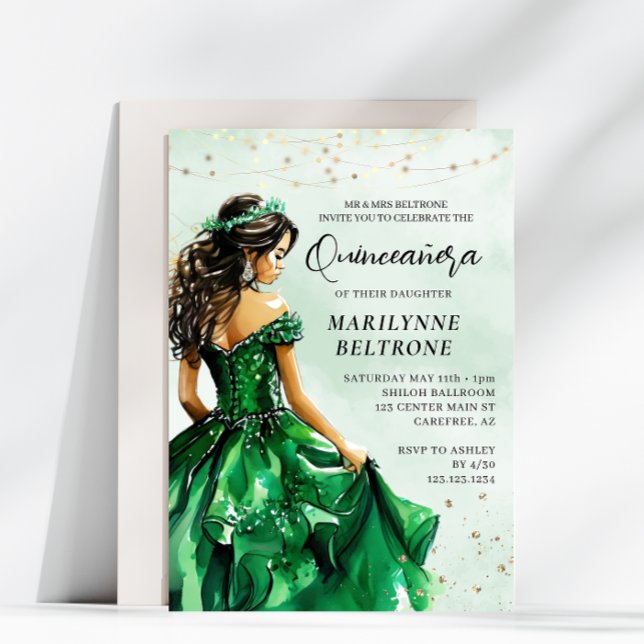 Emerald Green Gold Princess Quinceañera Invitation (Creator Uploaded)