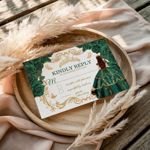 Emerald Green Gold Princess Quinceanera RSVP Card