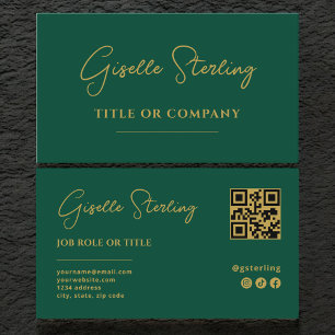 Emerald Green Gold Professional Script QR Code Business Card