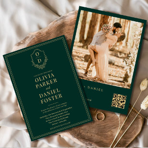 Emerald Green Gold QR Code Crest Photo Wedding Invitation