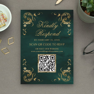 Emerald Green Gold QR Code RSVP Wedding Website Enclosure Card