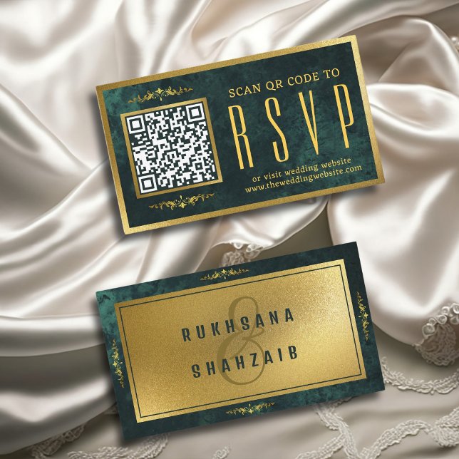 Emerald Green Gold QR Code RSVP Wedding Website Enclosure Card (Creator Uploaded)