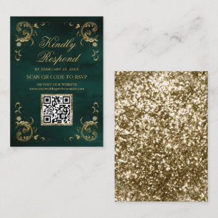 Emerald Green Gold QR Code RSVP Wedding Website Enclosure Card