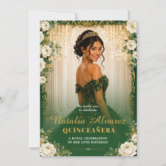 Emerald Green & Gold Quinceañera 15th Birthday Invitation