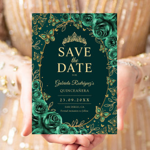 Emerald Green Gold Quinceanera Floral Save The Date
