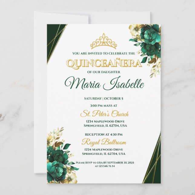Emerald Green & Gold Quinceañera Invitation (Front)