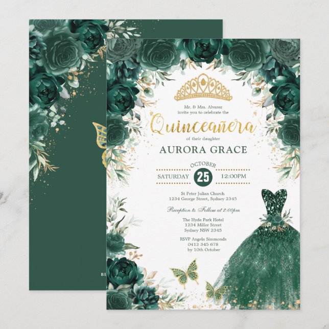 Emerald Green Gold Quinceañera Mis Quince 15 Anos Invitation (Front/Back)