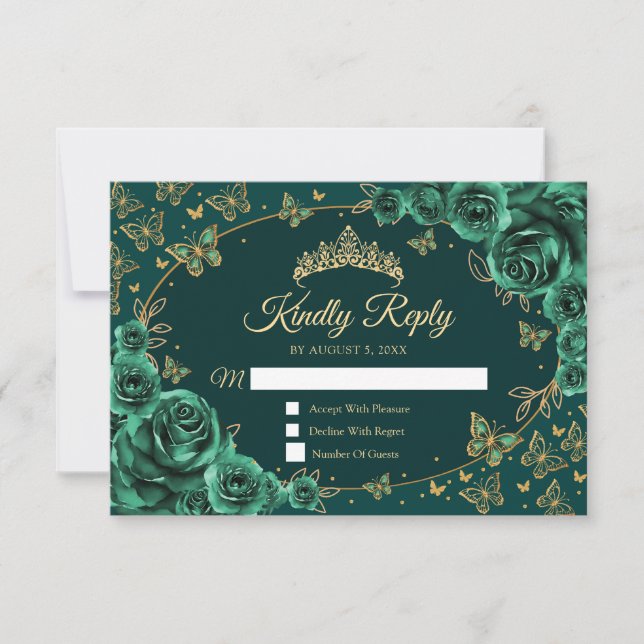 Emerald Green Gold Quinceanera Reply RSVP Card (Front)