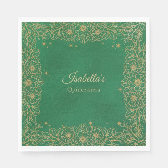 Emerald Green Gold Quinceañera Sweet 15 Luncheon Napkin (Front)