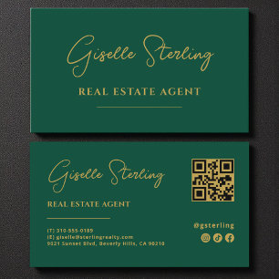 Emerald Green & Gold Real Estate Agent QR Code Business Card