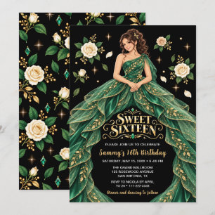 Emerald Green Gold Rose Sweet Sixteen Birthday Invitation