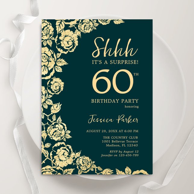 Emerald Green Gold Roses Surprise 60th Birthday Invitation (Creator Uploaded)