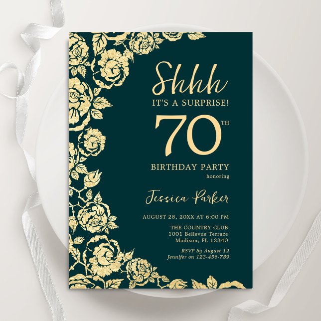 Emerald Green Gold Roses Surprise 70th Birthday Invitation (Creator Uploaded)
