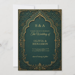 Emerald Green & Gold Royal Arch Wedding Invitation