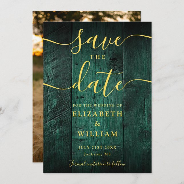 Emerald Green Gold Rustic Barn Wood Photo Wedding  Save The Date (Front/Back)