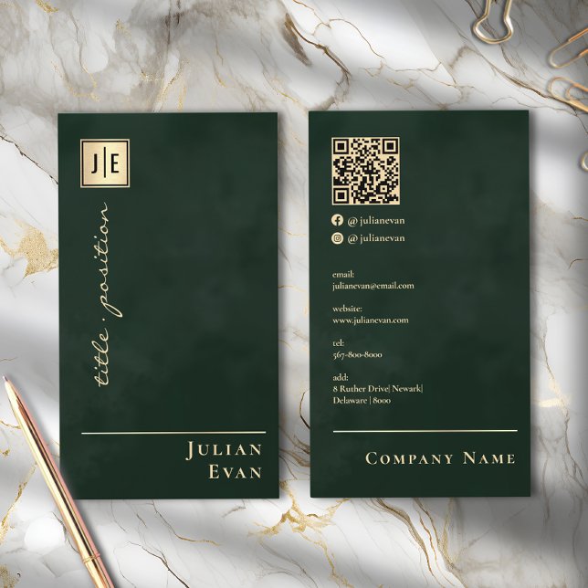 Emerald Green & Gold Scannable QR Code Monogram Business Card (Emerald Green & Gold Scannable QR Code Monogram Business Card )