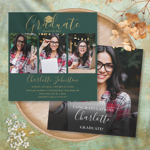 Emerald Green Gold Script 4 Photo Graduation Party Invitation
