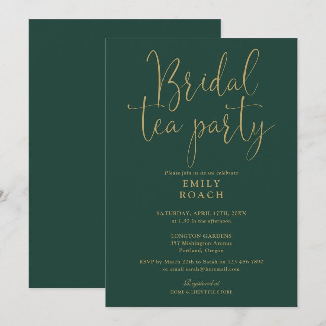 Emerald Green Gold Script Bridal Tea Party Shower Invitation (Front/Back)